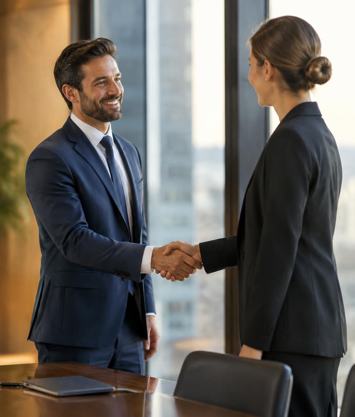 Two professionals shaking hands in a conference room